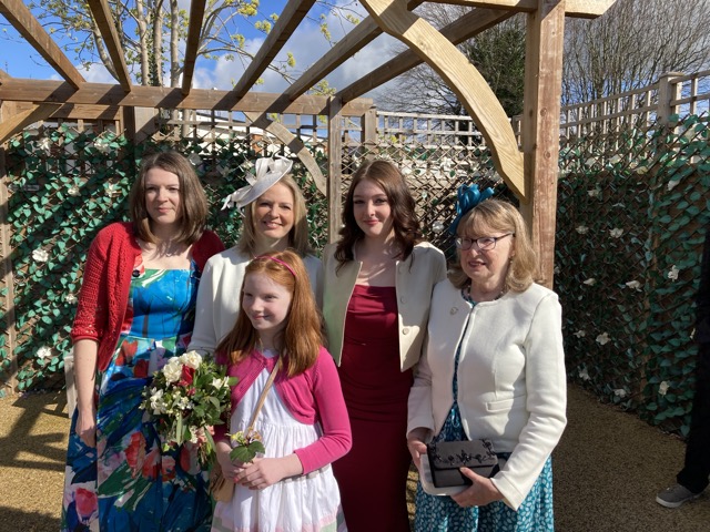 Amy's wedding. Left to right-Vicky, Amy, Ella, Diane. Ivy at the front. 2/4/2024.